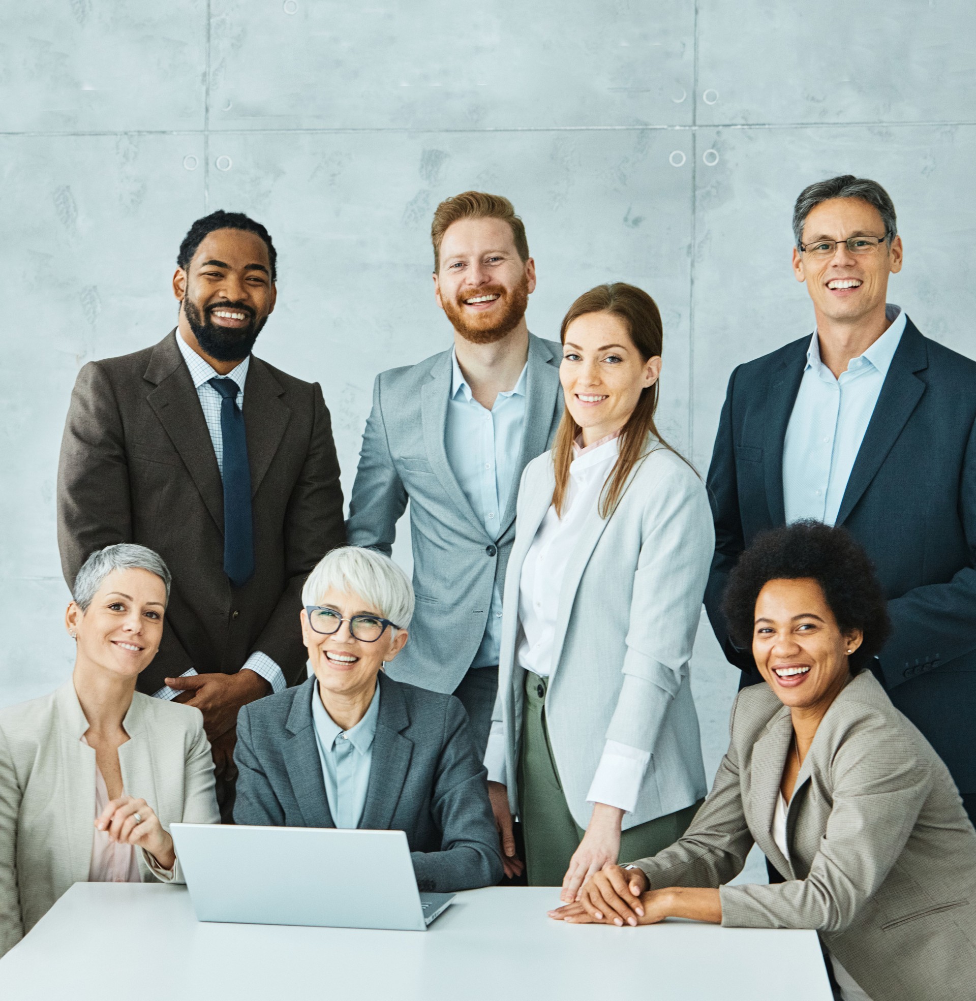 young business people meeting office portrait diversity teamwork group success corporate senior mature colleague laptop computer together